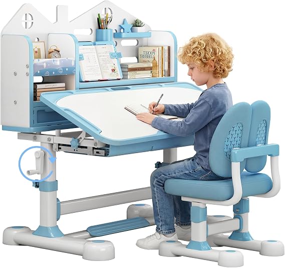 Kids Desk and Chair Set, Adjustable Art Desk 50 Tilt (Blue) | Hand crank height adjustment grows with kids ages 3-12| 0-50 tilting desktop for writing, drawing, reading and homework