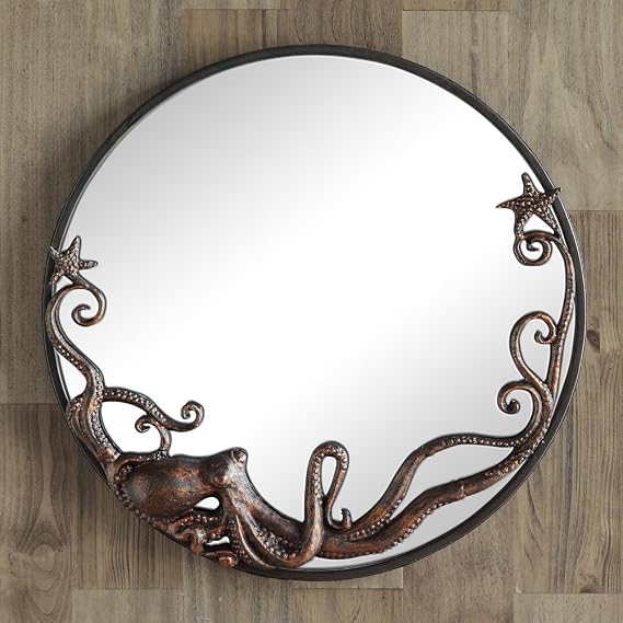 SPI Octopus Round Wall Mirror - Decorative Cast Aluminum Nautical Coastal Home Decor with Bronze Finish