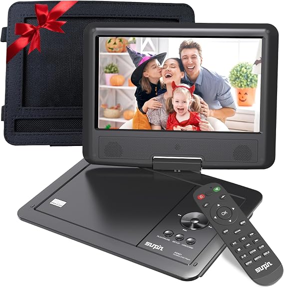 SUNPIN 11" Portable DVD Player for Car and Kids with 9.5 inch HD Swivel Screen, 5 Hour Rechargeable Battery, Dual Earphone Jack, Supports SD Card/USB/CD/DVD, with Extra Headrest Mount Case (Black)