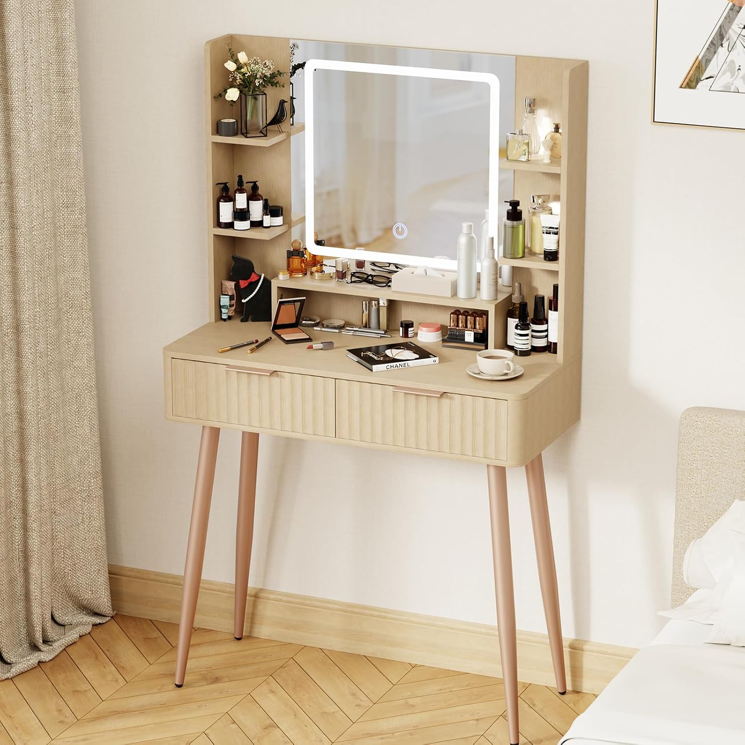 Dressing Table with Mirror and Lights, 3 Color Modes & Adjustable Brightness Modern Makeup Desk, Fluted Vanity Desk with 2 Drawers and 5 Storage Shelves, Bedroom Small Vanity Table
