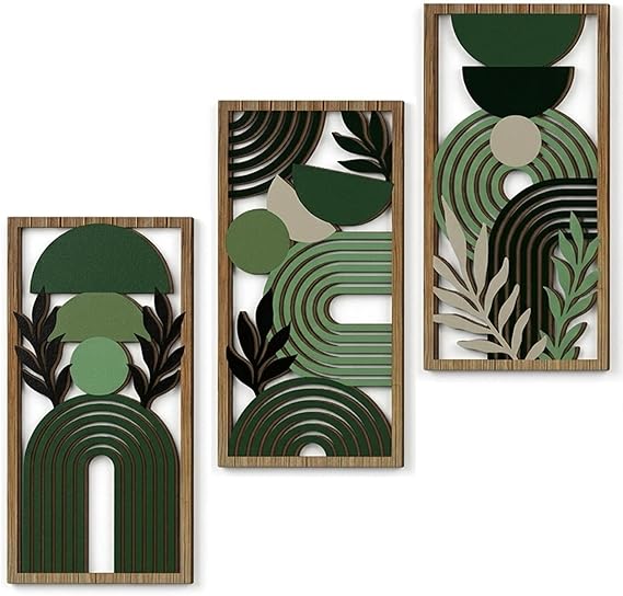 Xiciki 3PCS Green Boho Wall Art, Wooden Boho Wall Art Set Geometric Botanical Wall Hanging, Lightweight Hollow Wooden Wall Decor for Living Room Bedroom Hallway Modern Farmhouse Home Decor