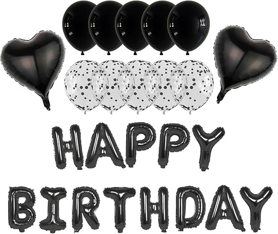 25Pcs Black Happy Birthday Banner &amp; Balloons Set - Men Women Party Decor | Self-seal foil letters+heart/confetti balloons. with Straw &amp; Ribbon, no pump. Durable, resists burst.