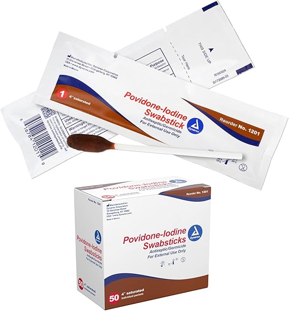 Dynarex Povidone Iodine Swabsticks, Swabstick Packaged in Individual Foil Pack, Antiseptic for Skin Preparation, Brown, 1 Box of 50 Povidone Iodine Swabsticks | 4 in Length, Soft Tipped Applicator, Individual Foil Packs, 10% USP Solution, Single Use, Minor Procedures, Topical Use Only