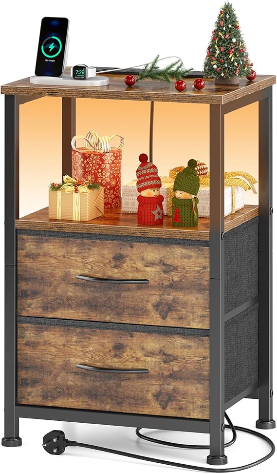 Yornoli Bedside Table with Charging Station 40cm Wide Bed Side Table for Bedroom with 2 Fabric Drawers Small End Tables with Led Lights for Living Room Small Spaces Rustic Brown, ET08-RBA