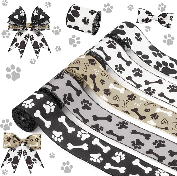 Dog Paw Print Ribbon - 5 Rolls, 2.5 Inch, 25 Yards Burlap Wired Ribbons for Crafts, Party, Wedding, Gift, DIY Decoration, Wrapping, Bow Making, Wreath Decor
