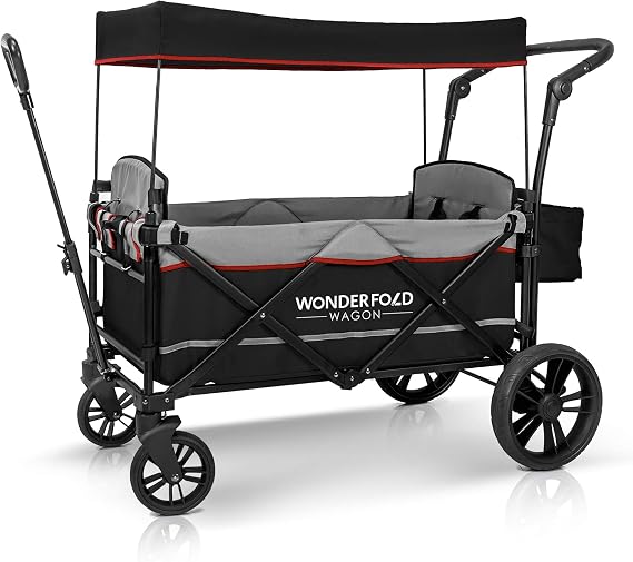 WONDERFOLD X2 2 Passenger Push Pull Twin Double Stroller Wagon with Adjustable Handle Bar, Removable Canopy, Safety Seats with 5-Point Harness (Black)