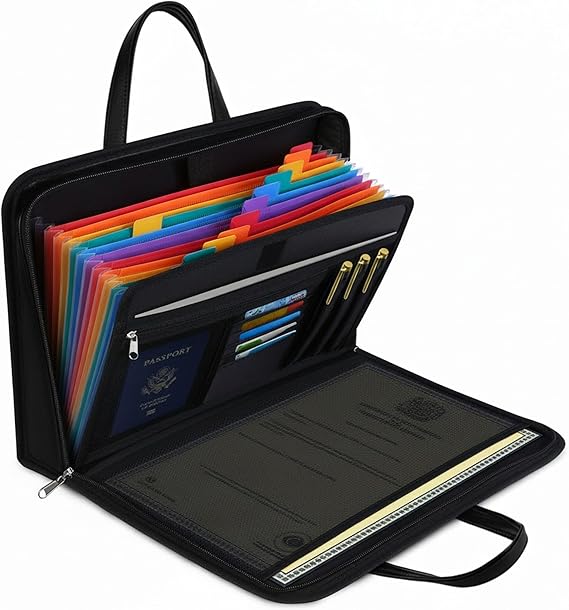 Portable Fireproof Important Document Organizer Binder with Lock for A4 Size, 13-Pocket Expanding File Folder with Zipper for Personal Document Storage, Business, and Estate Planning