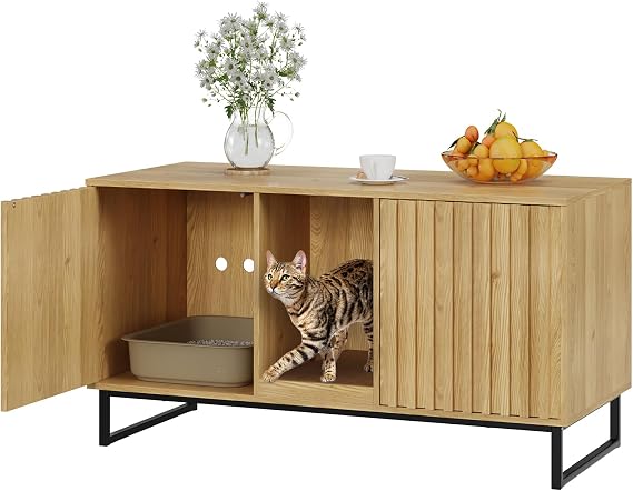Cat Litter Box Enclosure for 2 Cats, 47.6 Litter Box Furniture Hidden with Scratch Pad, Double Room Large Cat Cabinet, Indoor Pet House TV Stand Side Table,Cats Washroom, Natural