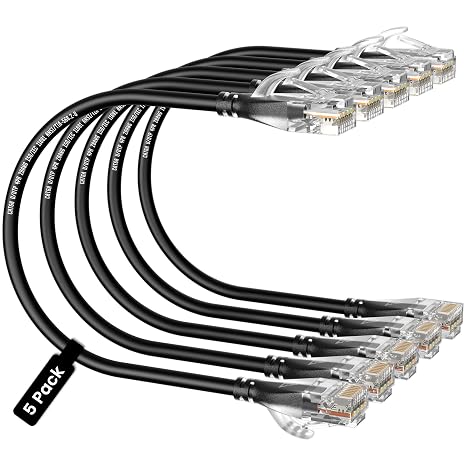 Cat 6A Slim Ethernet Patch Cables, 3 ft, 5-Pack, Black | 10Gbps/550MHz, 28AWG OFC Pure Copper, RJ45 Gold-Plated, Matte Snagless Boots, PoE for Patch Panels