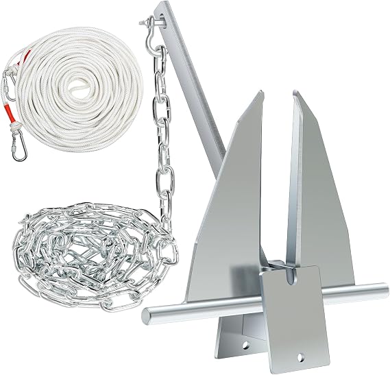 Boat Anchor Kit,Fluke Style Anchor,Hot-Dipped Galvanized Steel, Kit Includes Galvanized Fluke Anchor, Anchor Chain,Rope, Shackles,Boat Anchors for 15'-23' Boats Boats