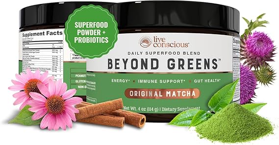 Live Conscious Beyond Greens Superfood Powder - Delicious Debloating Super Greens Powder - Matcha Greens Blend w/Chlorella, Echinacea, Probiotics for Immune Support & Energy