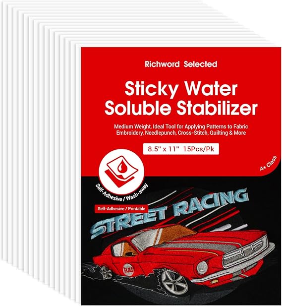 Poolin 15PCS Printable Sticky Water-Soluble Embroidery Stabilizer Richword Selected Sheets 8.5" x 11" Wash Away Embroidery Paper for Hand Embroidery, Topper for Home Machine Embroidery