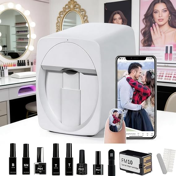 Nail Printer Machine Kit-3d Nail Art Digital Mobile Printer for Salon&Home | WiFi/DIY Design | 30s Fast Print&Cure | Includes Pg4 Gel,Fm10 Ink, Base/Cleaning Glue(Bonus Pg0&White Gel) White