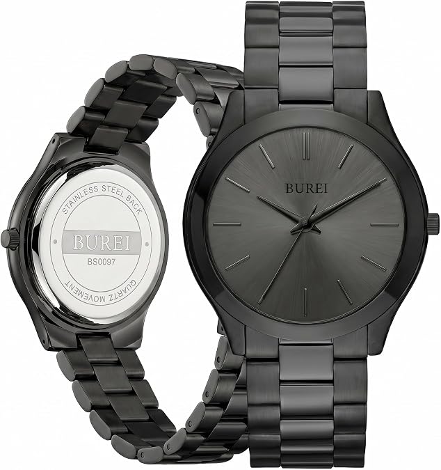 BUREI Men's 44mm Stainless Steel Quartz Watch, Ultra Thin Business Casual Analog Wrist Watch, 3ATM Waterproof Adjustable Metal Band Watch, Gift for Men & Dad