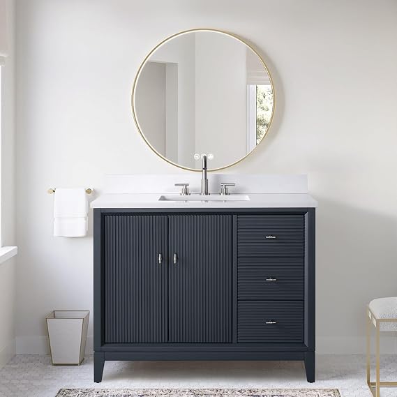 HOMEBEYOND 42" Bathroom Vanity with Single Sink & Engineered Marble Top, Solid Wood Frame, Linear Pattern & Soft Close Door | Brushed Nickle Handware, Vintage Spruce Blue