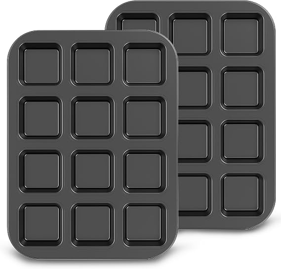 2 Pcs 12 Cavity Square Mini Loaf Tins | Premium Non-Stick Carbon Steel Baking Tray for Brownies, Flapjacks &amp; Muffins, Heavy Duty Mini Cake Pan - Oven Safe (Grey)