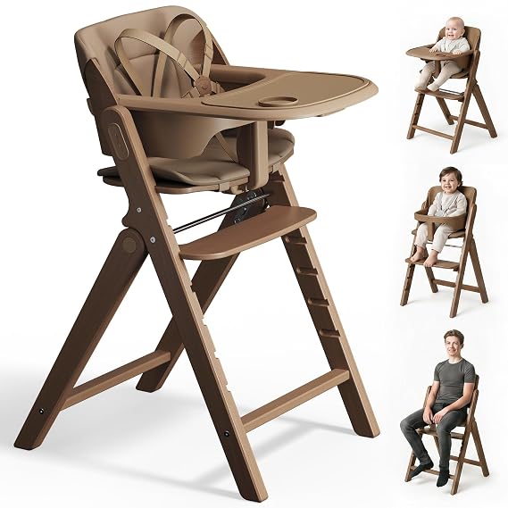 Mamazing GrowPod Pro Wooden Baby High Chair for 6 Months to 220lbs | Easy to Clean with Dual Tray, Compact Foldable Highchair for Kitchen & Dining Room, 5-Point Safety Harnesses and Guard Bar