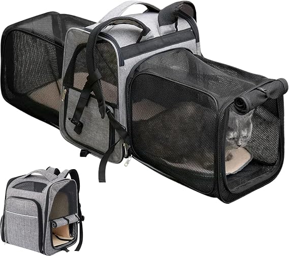 La La Pet Expandable Cat Backpack with Breathable Mesh Pouches Collapsible Side Bags for Cats and Dogs Up to 16 Pounds Portable Pet Carrier for Outdoor Travel