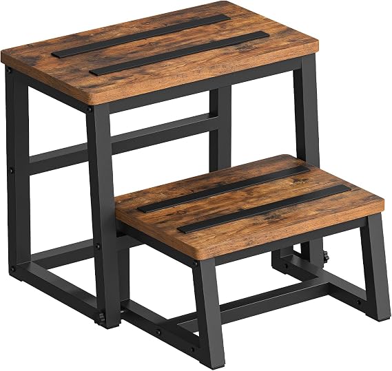 HOOBRO Wooden Step Stools, Two Step Stools for Kids, 3-in-1 Heavy Duty Stepping Stools for High Beds, Metal Frame with Non-Slip Pads for Kitchen, Beds, Rustic Brown and Black BF26JD01