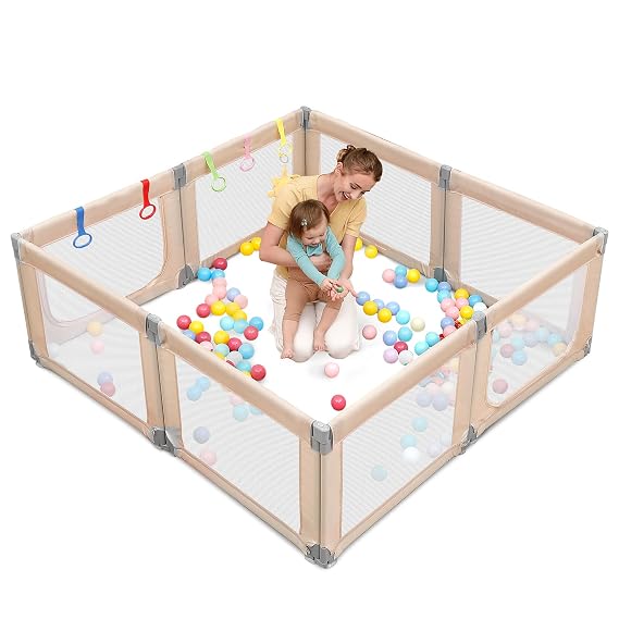 Dripex Baby Playpen, 71"x69" Extra Large Play Pen for Babie, Beige | Foldable, Variable Shape, 8 Removable & Assemblable Panels, Breathable Visible Mesh, Indoor/Outdoor Use