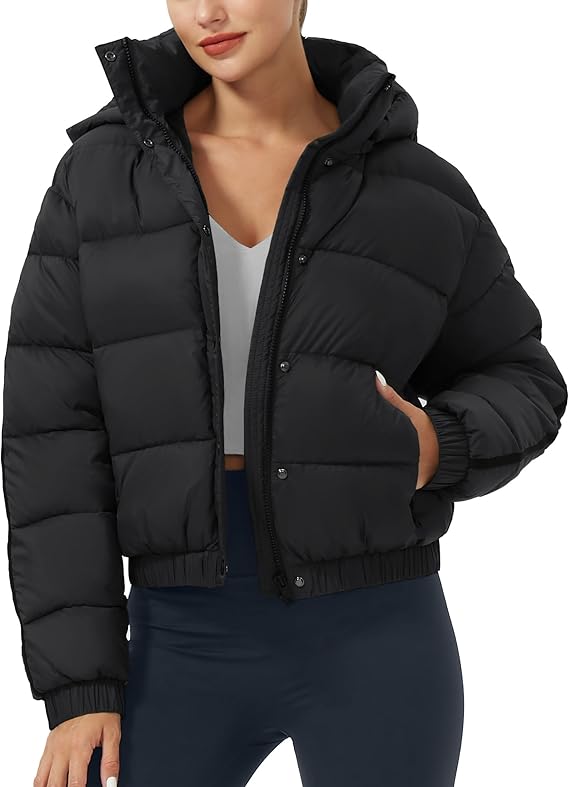 Pioneer Camp Women's Winter Cropped Puffer Jacket with Hood Waterproof Short Warm Quilted Jacket Puffy Bubble Coat Outerwear