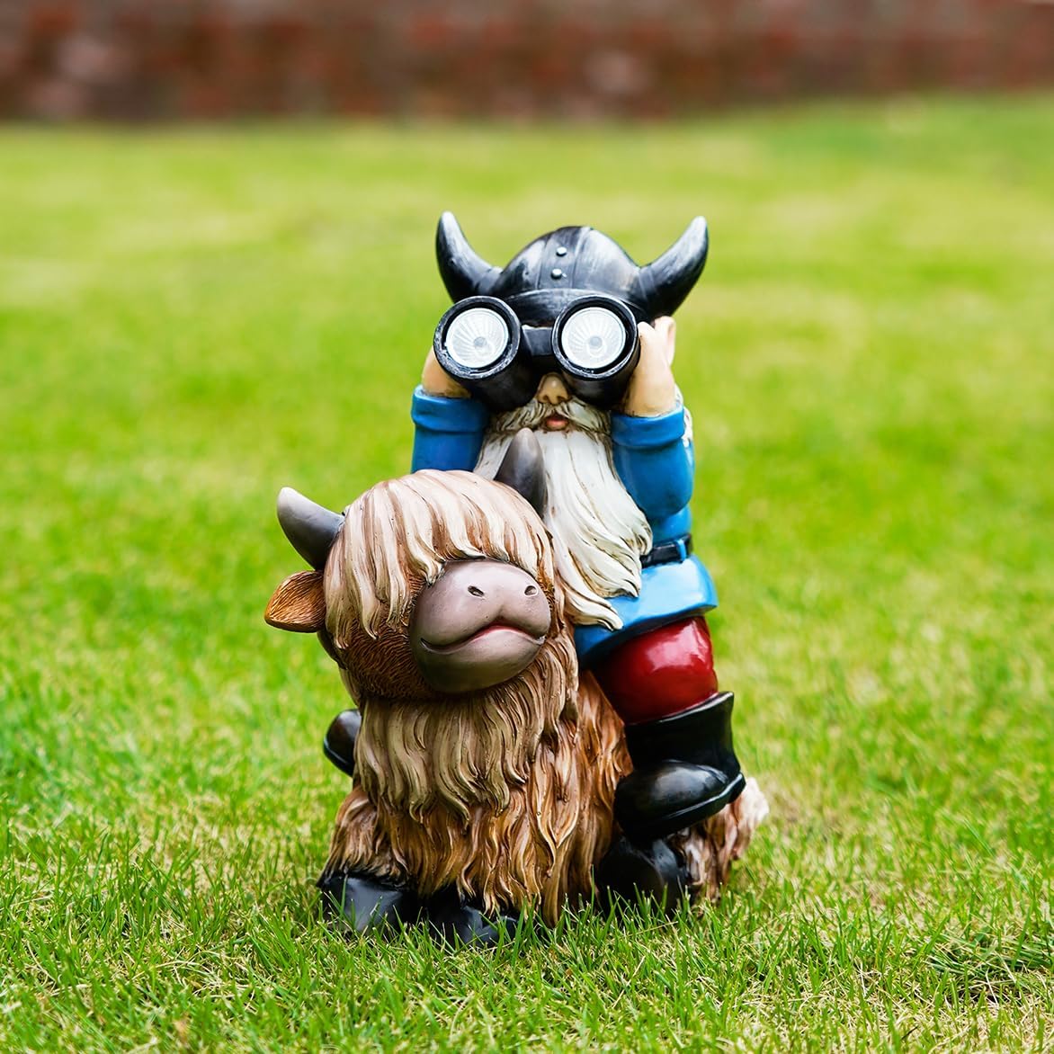 Tolimi Garden Gnome Sitting on Highland Cow Outdoor Statue wiht Solar LED Light Funny Decoration for Yard and Patio Gifts for Mom Christmas Decorations