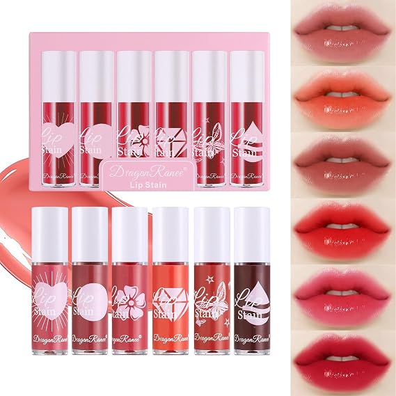 6 Colors Lip Tint Stain Set, Korean Lip Gloss Velvet Water Lip Tint,Moisturizing Mini Liquid Lipstick,Multi-use Lip and Cheek Tint, Long Lasting, Non-Stick Cup,High Pigment, Waterproof Lip Color Makeup