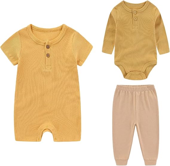 falianni Solid Color Infant Rompers Set Baby Unisex Clothing Ribbed Knit Jumpsuit 3-Pack