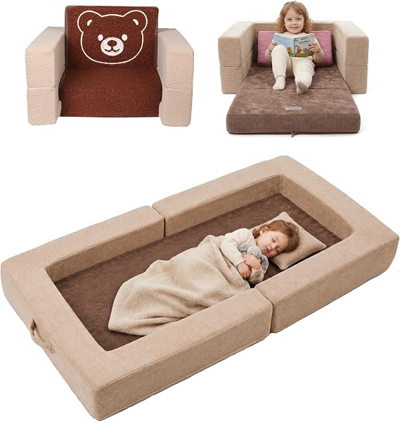 Toddler Travel Sofa Bed with Bear Pattern, 3-in-1 Convertible Toddler Sofa Bed, Portable Soft Foam Kids Couch Sofa/Chair, Toddler Floor Bed & Flip Open Sofa Lounger for Play, Reading, Medium