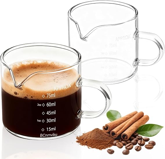 BCnmviku 75ml Espresso Measuring Cup,Coffee Shot Glass for Barista(2) | milk,cappuccino,latte,tea,butter,honey,jam,home,kitchen,office,ml,oz scales,borosilicate glass
