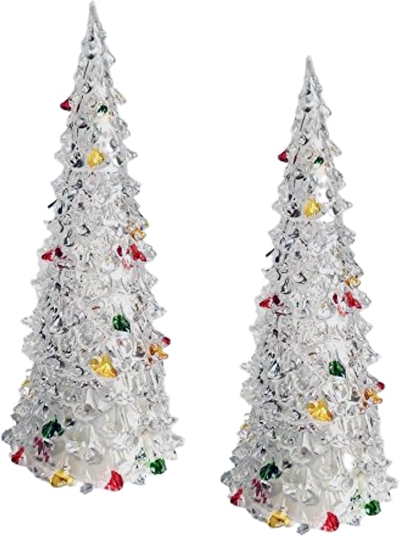 Color Changing LED Tabletop Christmas Trees Set of 2, Lighted Acrylic Holiday Decor, 8.5 Inch Mini Xmas Tree Centerpieces, Battery Operated Christmas Decorations for Table, Mantel, Shelf Display