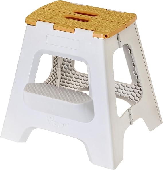 Vigar Compact Folding Step Stool, 16 in 2 Step, Gray Bamboo Print | 16 in Foldable Stool, Lightweight Portable Design, Handle, Non Slip Surface, Space-Saving, Supports up to 330 lb