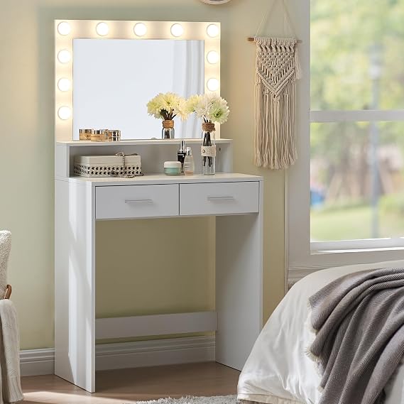 Vanity Desk with Mirror and Lights, Dressing Table with Large Drawer, 2 Level Storage Dresser & 3 Lighting Modes Adjustable Brightness, Suitable for Bedroom (White)