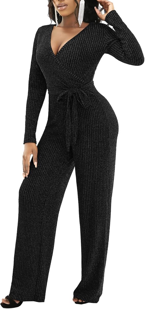 LightlyKiss Women's casual sexy V-neck sparkling jumpsuit long sleeve loose jumpsuits Fashion Club party Rompers with belt