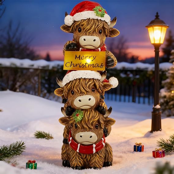 Glintoper Solar Garden Highland Cow Statue, 12" Outdoor Christmas Decoration Lighted Triple Stacked Resin Cow Whimsical Yard Art, Xmas Birthday Mothers Day Ideal Gifts, for Porch Pathway Patio Lawn
