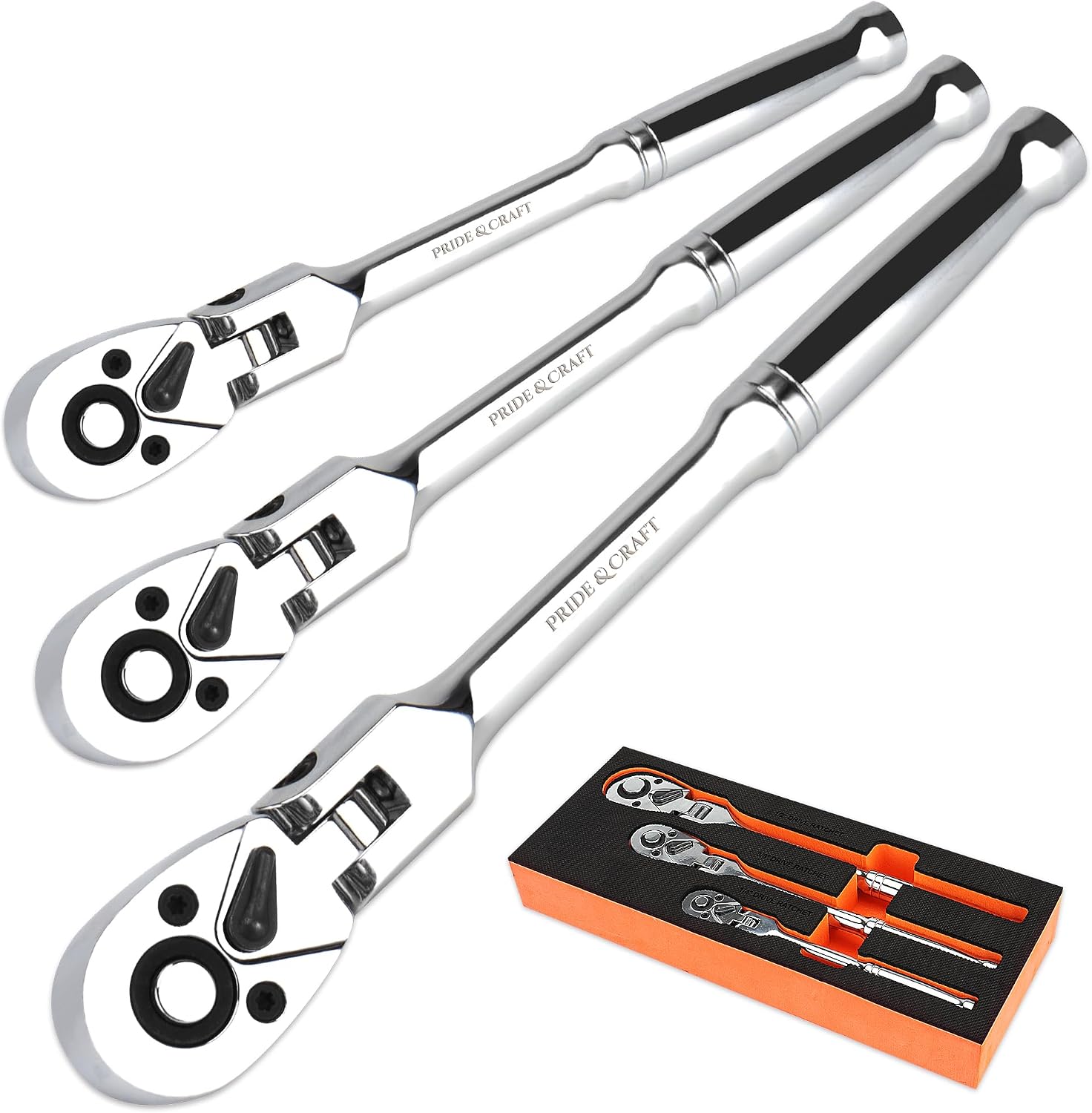 PRIDE&CRAFT 3pc Flex Head Ratchet Wrench Set, 14", 38", 12" Drive, 72-Tooth, Socket Wrench Quick Release Reversible Design, Chrome Alloy Made, EVA Organizer