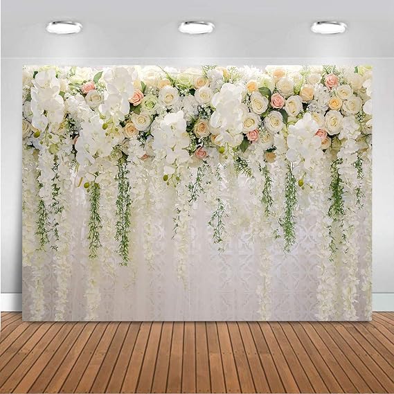 Mocsicka Wedding Flower Backdrop Wall Floral Bridal Shower Backdrops for Photoshoot Wedding Decoration for Reception White Rose Floral Photography Background Banner (5x3ft)