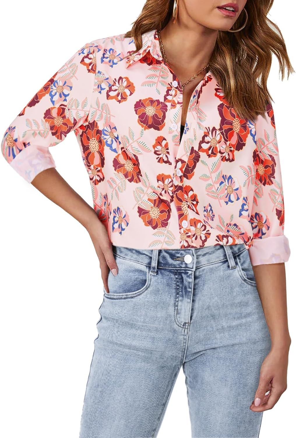 siliteelon Blouses for Women Long Sleeve Button Down Shirts Printed Wrinkle-Free Dressy Casual Blouse Spring Fall Trendy
