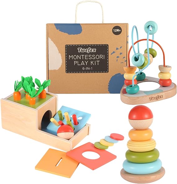 Wooden Montessori Learning Toys Mix 6-12 Months,Spinning Drum, Ball Tracker, Drop Box, Rocking Stacker Bead Maze
