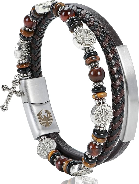 Leather Bracelet for Men, Catholic Bracelet for Men with Cross & St. Benedict Medal, Tiger Eye Bracelets for Man, Spiritual Gift for Dad, Husband, Boyfriend Or Brothers