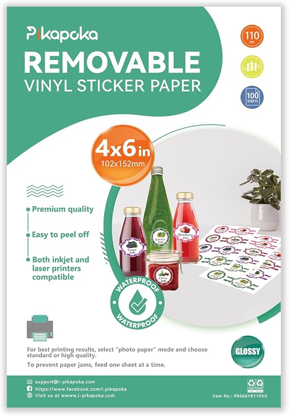 4x6 Removable Self-adhesive Vinyl Sticker Paper, Waterproof, 4R Size, Suitable for Laser and Inkjet Printer, Glossy White, 100 Pack