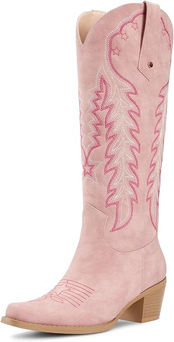 wetkiss Cowboy Boots Womens Knee High Cowgirl Boots Embroidered Pointed Toe