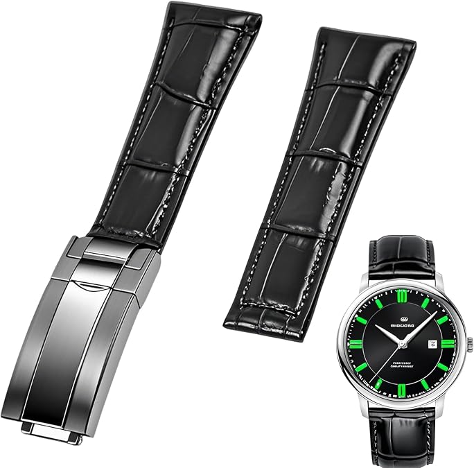 Juntan 20mm Watch Band Leather for Men Women, Premium Calfskin Genuine Leather Watch Strap Replacement Bands Straps with Oyster Perpetual Deployment Clasp