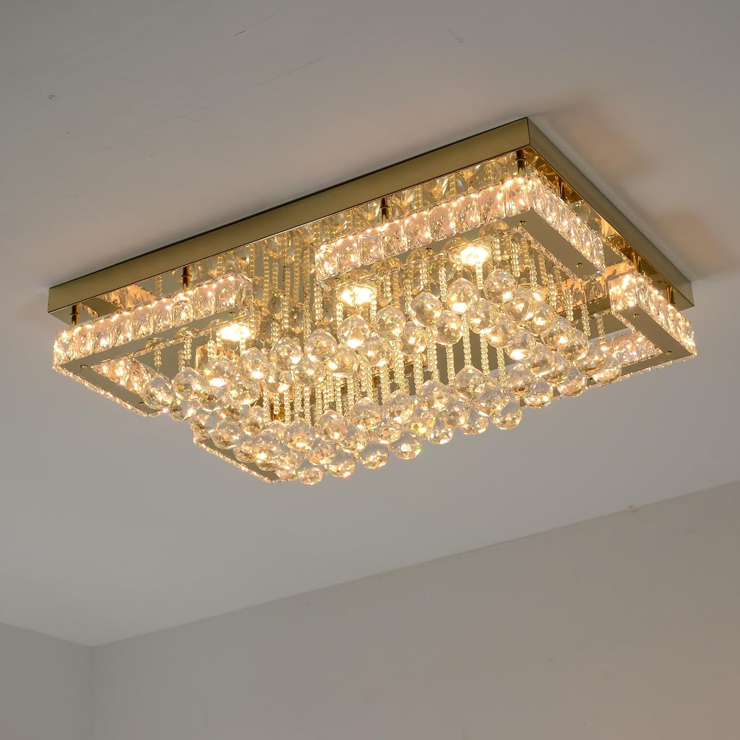 Luxury Chandelier - Smart Remote Control - Stainless Steel K9 Modern Flush Mount Chandelier Square Glass Droplet Ceiling Light for Dining Room Living Room Bedroom Office [Energy Class A]