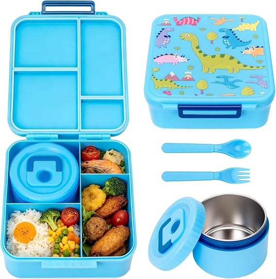 Kids Lunch Box with 12oz Insulated Food Jar, Leak-Proof Bento Box for Kids | 4 Compartments for Hot & Cold Food, Easy-Open School Lunch Container for Boys & Girls