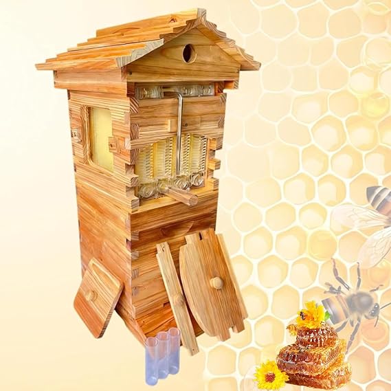 Beehive Starter Kit, Self-Flowing Wooden Bee Box, with Observation Window and Honey Spout, Self-Flow Hive Beehive Starter Kit, for Backyard Beekeeping and Garden Pollination.