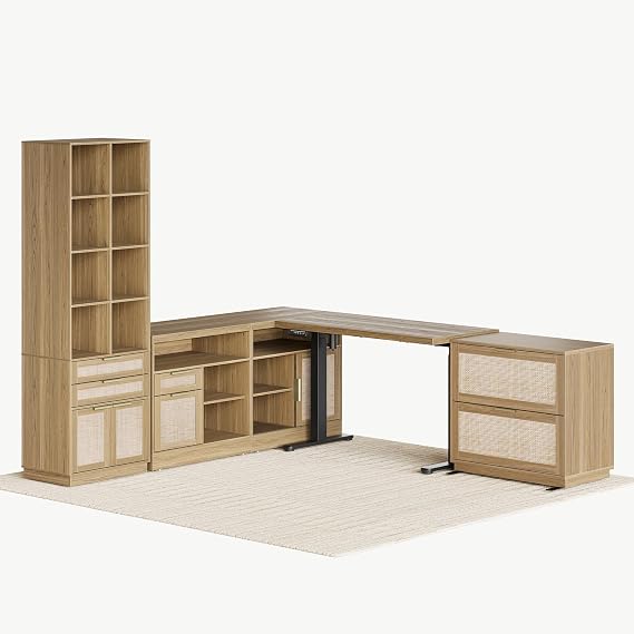 Home Office Furniture Set, 67'' Electric Standing Desk with 73'' Bookshelf and 2 Drawer Lateral File Cabinet, Office Furniture Desk Sets, Rattan Style Natural Oak