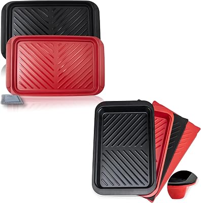 Deep Grilling Prep and Serve Trays with lid 6-Piece Pack, BBQ Tray for Marinating Raw and Cooked Food, Diswasher Safe Nesting Trays Black in Red