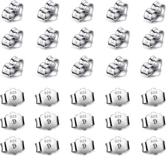 30pcs/15 Pairs Hypoallergenic Earring Backs Replacement,Plated Silver Secure Ear Lockings for Stud Earrings, Ear Nut for Posts 6x4.5mm