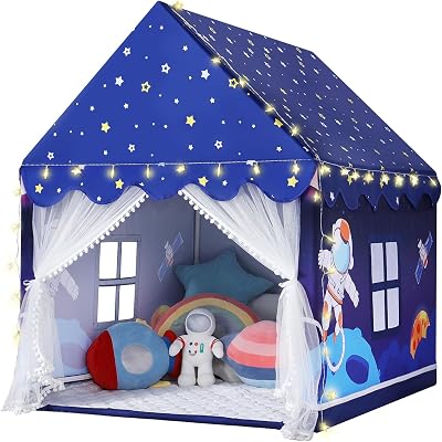 Wilwolfer Space Kids Tent Indoor: with Mat, Star Lights - Kids Play Tent Space Toys - Bedroom Decorations Astronaut Toys Rocket Ship Blue